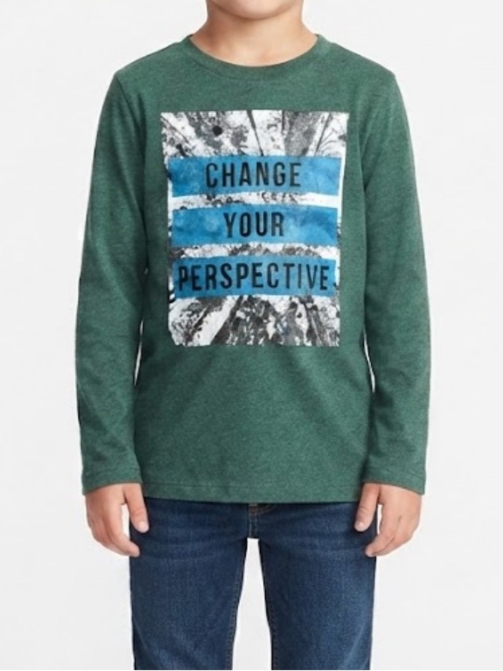 Old Navy Green Long-Sleeve Tee with Blue Graphic Size Small